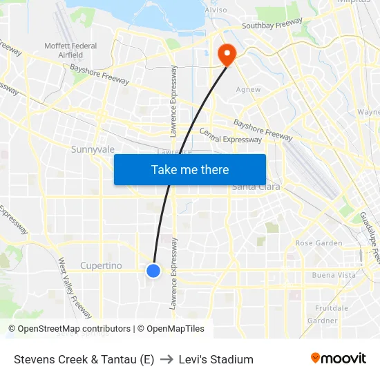 Stevens Creek & Tantau (E) to Levi's Stadium map