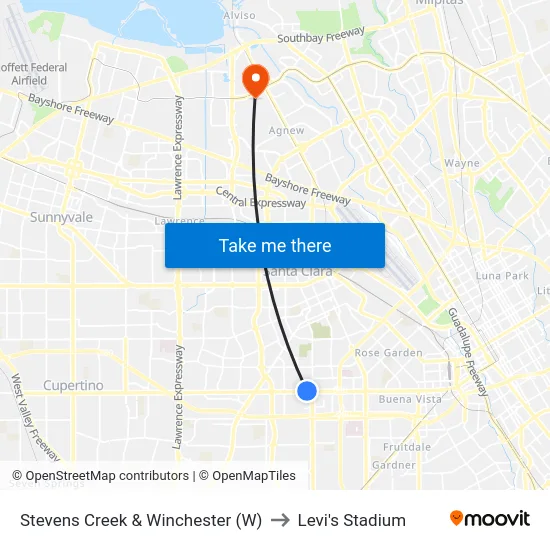 Stevens Creek & Winchester (W) to Levi's Stadium map