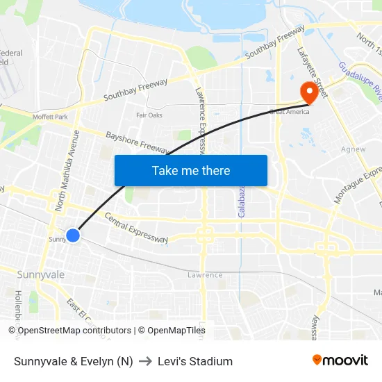 Sunnyvale & Evelyn (N) to Levi's Stadium map