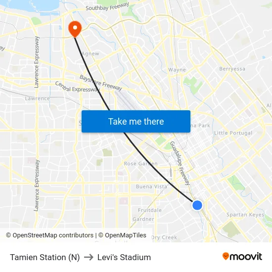Tamien Station (N) to Levi's Stadium map