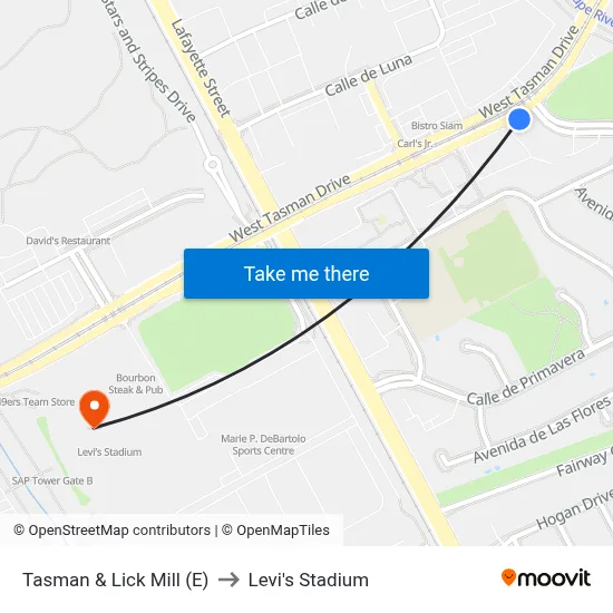 Tasman & Lick Mill (E) to Levi's Stadium map