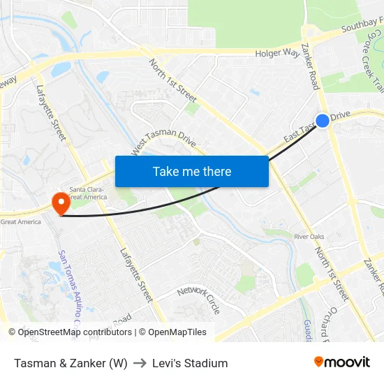 Tasman & Zanker (W) to Levi's Stadium map