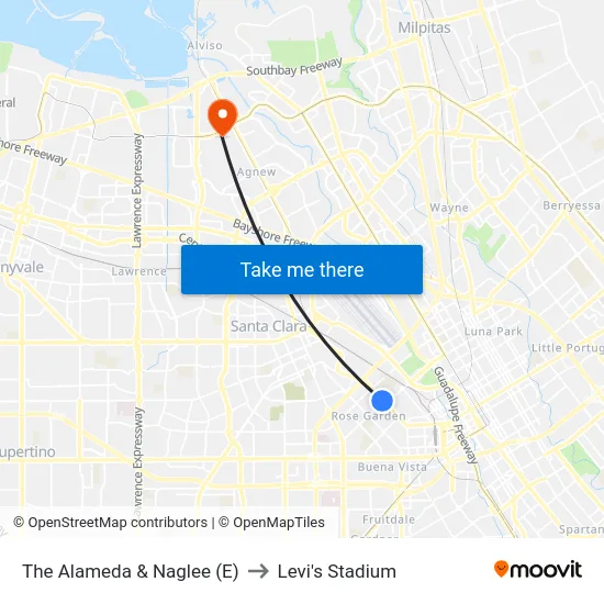 The Alameda & Naglee (E) to Levi's Stadium map