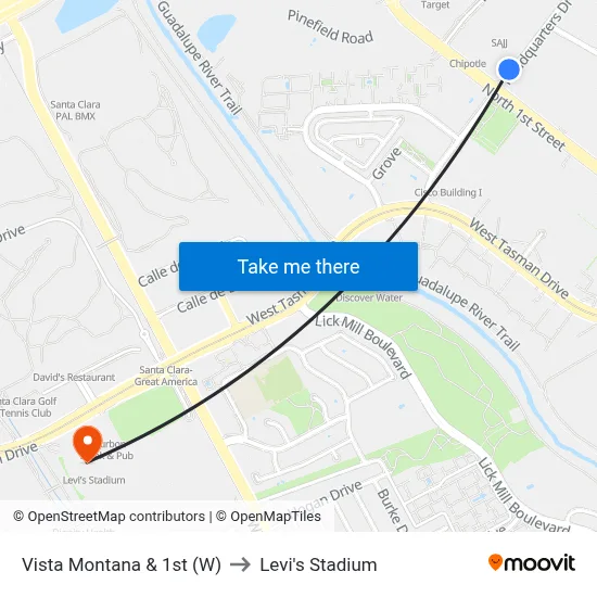 Vista Montana & 1st (W) to Levi's Stadium map