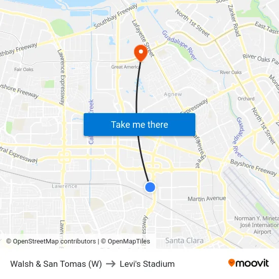 Walsh & San Tomas (W) to Levi's Stadium map