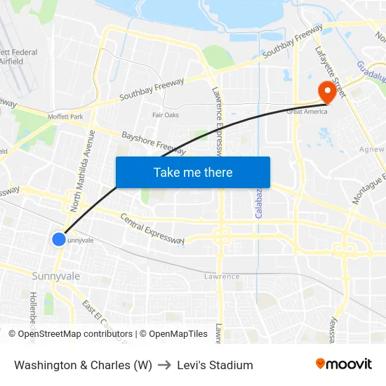Washington & Charles (W) to Levi's Stadium map