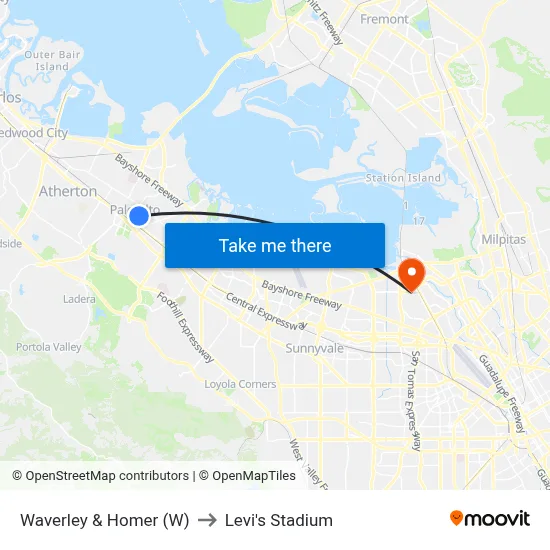 Waverley & Homer (W) to Levi's Stadium map