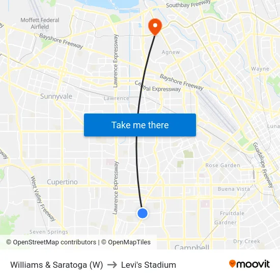 Williams & Saratoga (W) to Levi's Stadium map
