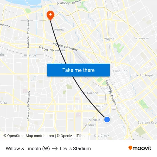 Willow & Lincoln (W) to Levi's Stadium map
