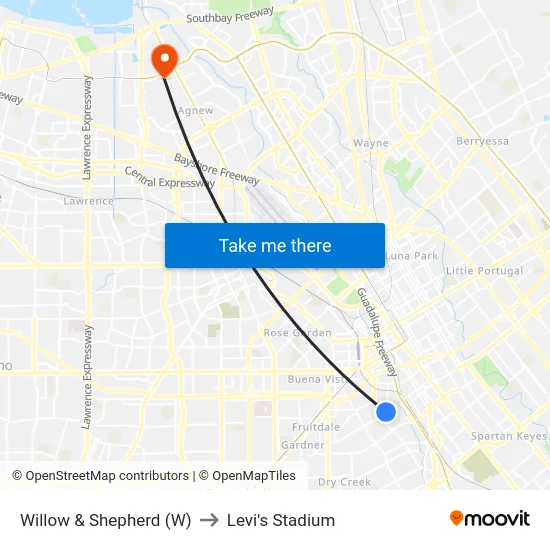 Willow & Shepherd (W) to Levi's Stadium map
