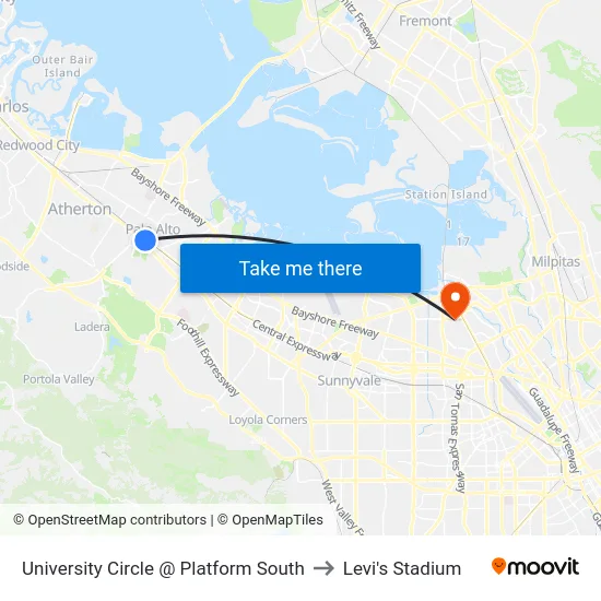 University Circle @ Platform South to Levi's Stadium map