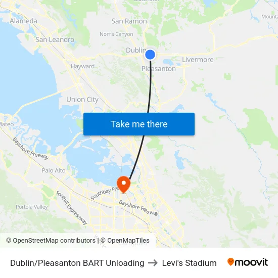 Dublin/Pleasanton BART Unloading to Levi's Stadium map