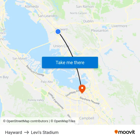 Hayward to Levi's Stadium map