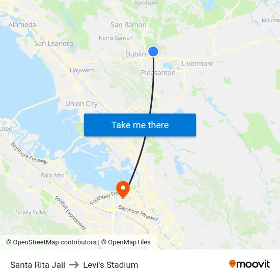 Santa Rita Jail to Levi's Stadium map