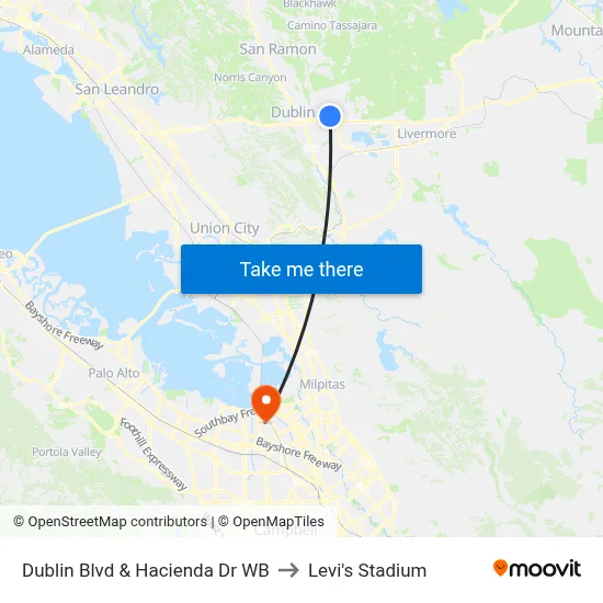 Dublin Blvd & Hacienda Dr WB to Levi's Stadium map
