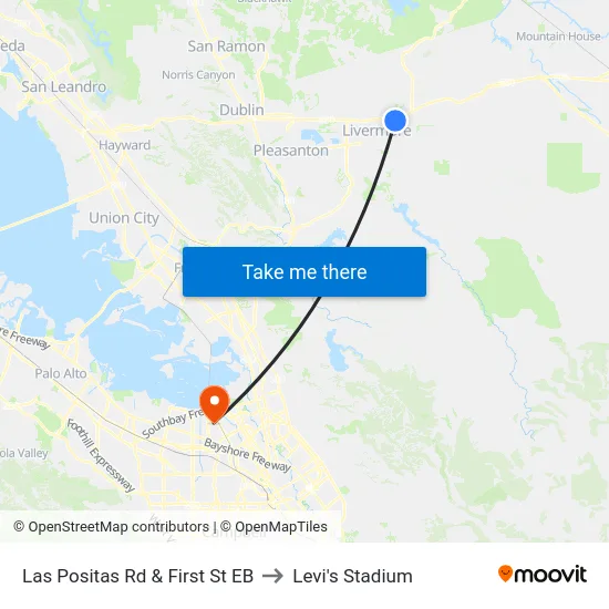 Las Positas Rd & First St EB to Levi's Stadium map
