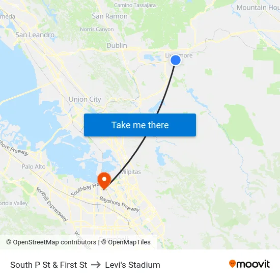 South P St & First St to Levi's Stadium map