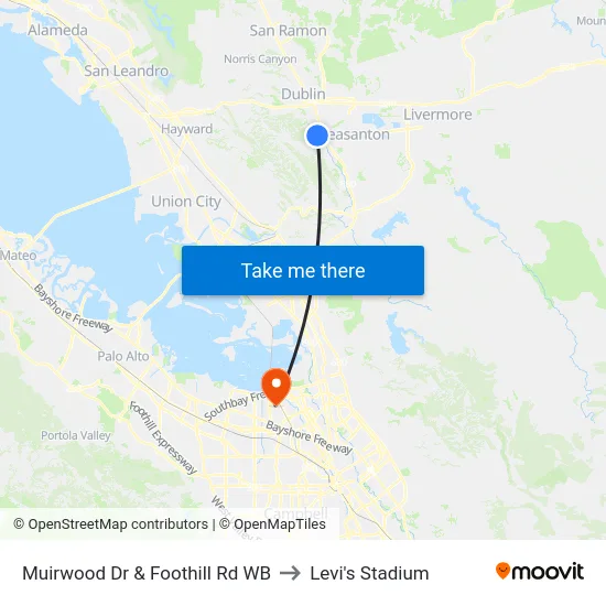 Muirwood Dr & Foothill Rd WB to Levi's Stadium map