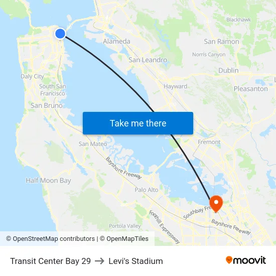 Transit Center Bay 29 to Levi's Stadium map