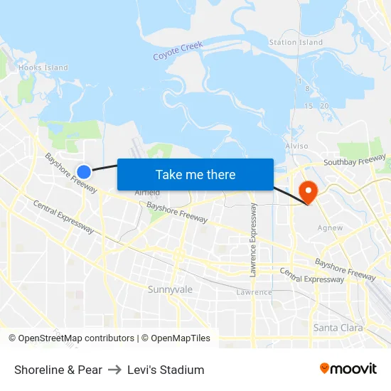 Shoreline & Pear to Levi's Stadium map