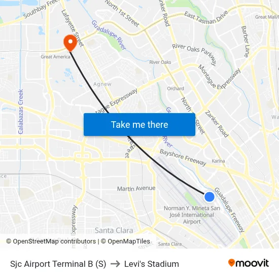 Sjc Airport Terminal B (S) to Levi's Stadium map