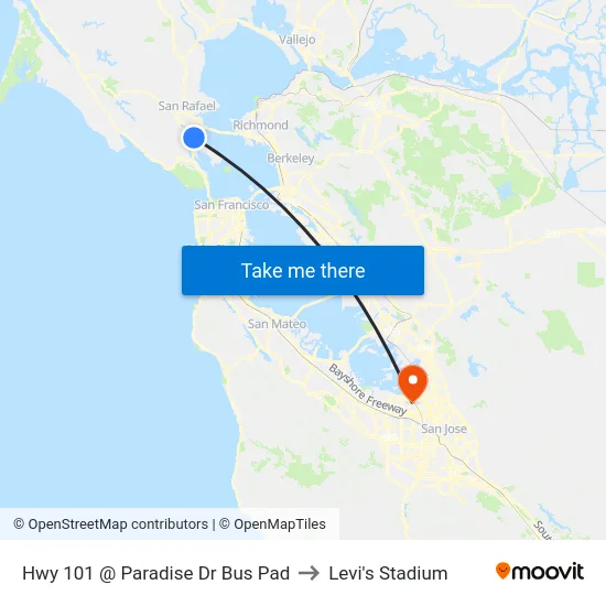 Hwy 101 @ Paradise Dr Bus Pad to Levi's Stadium map