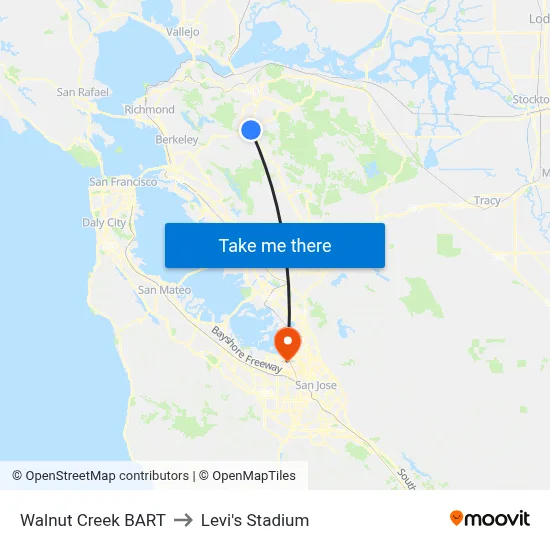 Walnut Creek BART to Levi's Stadium map