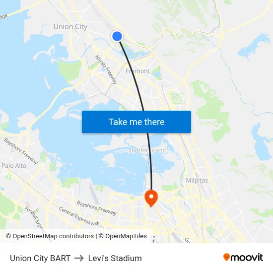 Union City BART to Levi's Stadium map