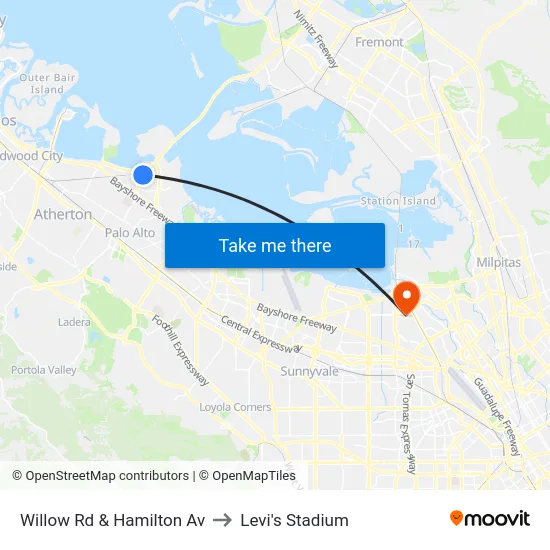 Willow Rd & Hamilton Av to Levi's Stadium map