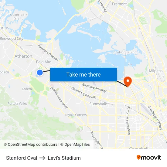 Stanford Oval to Levi's Stadium map