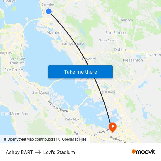 Ashby BART to Levi's Stadium map