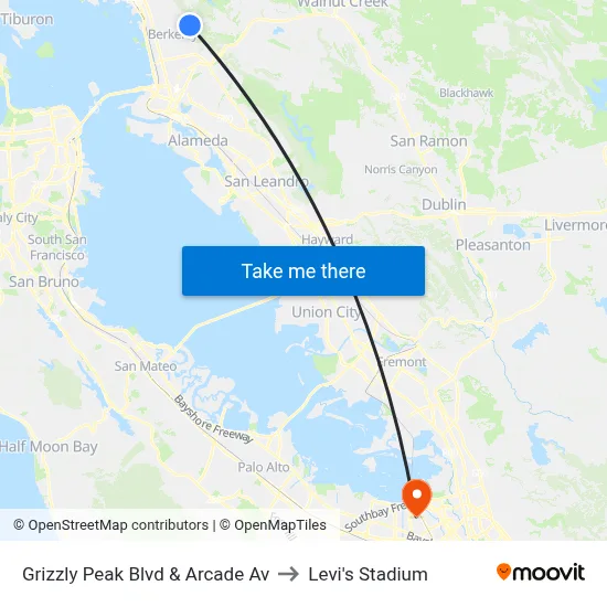 Grizzly Peak Blvd & Arcade Av to Levi's Stadium map
