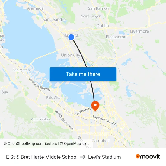 E St & Bret Harte Middle School to Levi's Stadium map