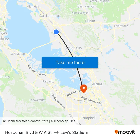 Hesperian Blvd & W A St to Levi's Stadium map