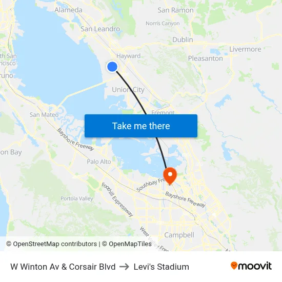 W Winton Av & Corsair Blvd to Levi's Stadium map