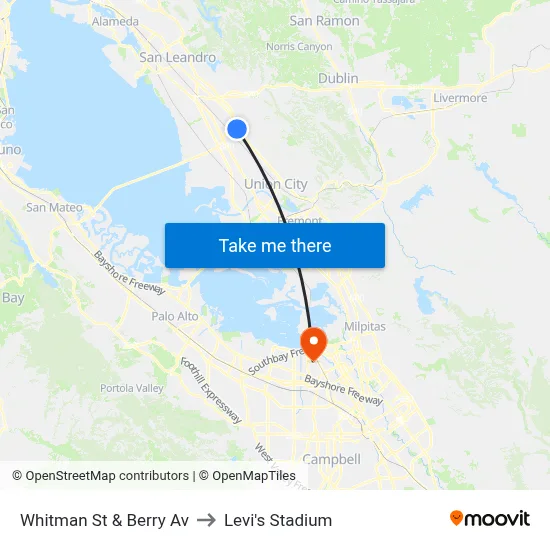 Whitman St & Berry Av to Levi's Stadium map
