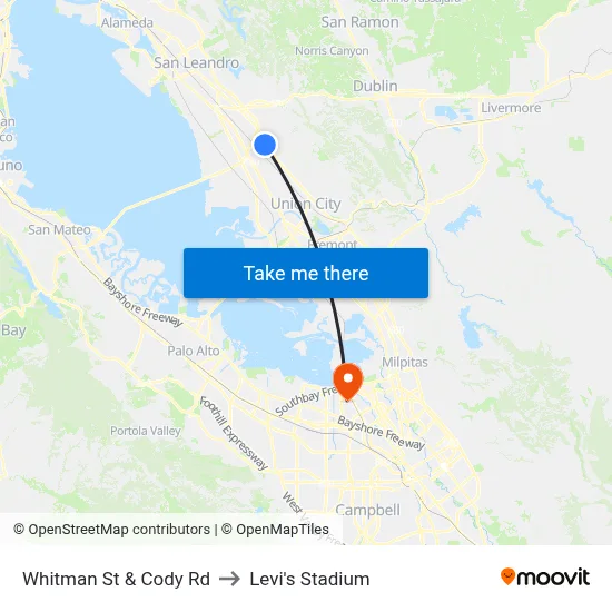 Whitman St & Cody Rd to Levi's Stadium map