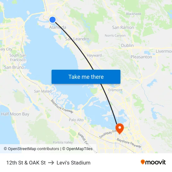 12th St & OAK St to Levi's Stadium map