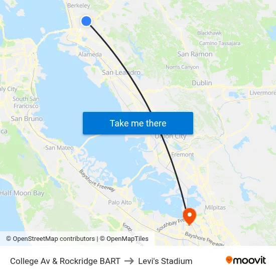 College Av & Rockridge BART to Levi's Stadium map