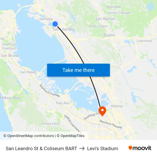 San Leandro St & Coliseum BART to Levi's Stadium map