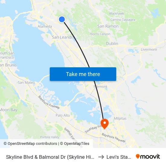 Skyline Blvd & Balmoral Dr (Skyline High School) to Levi's Stadium map