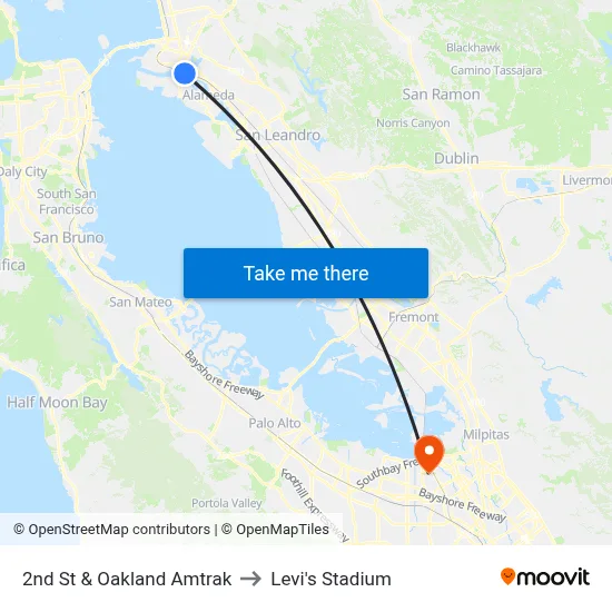 2nd St & Oakland Amtrak to Levi's Stadium map