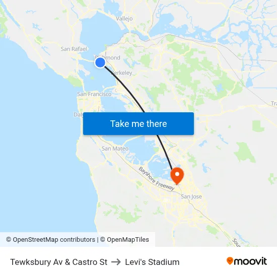 Tewksbury Av & Castro St to Levi's Stadium map