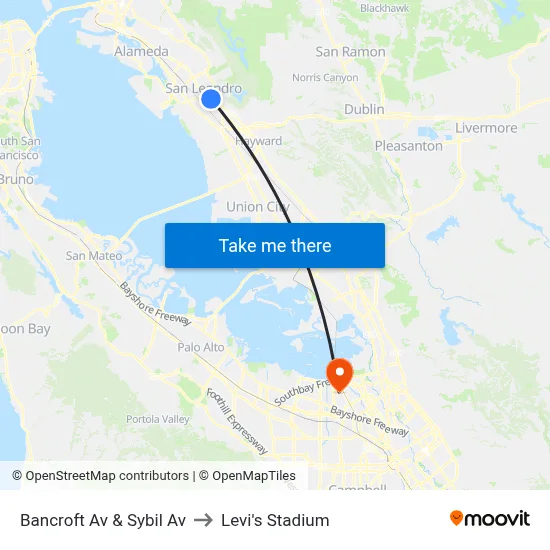 Bancroft Av & Sybil Av to Levi's Stadium map