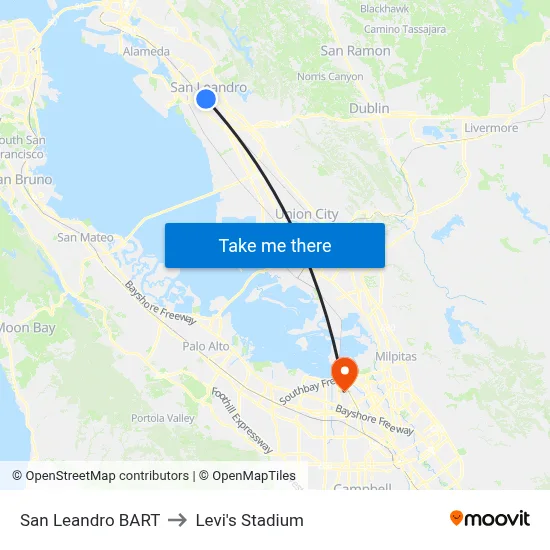 San Leandro BART to Levi's Stadium map