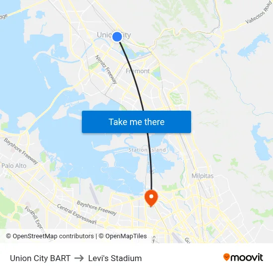 Union City BART to Levi's Stadium map