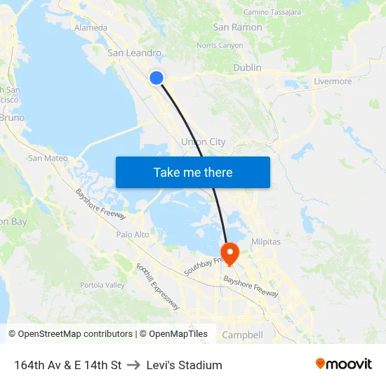 164th Av & E 14th St to Levi's Stadium map