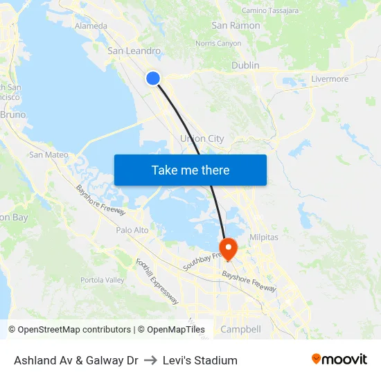Ashland Av & Galway Dr to Levi's Stadium map