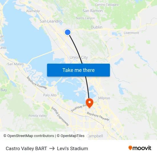 Castro Valley BART to Levi's Stadium map