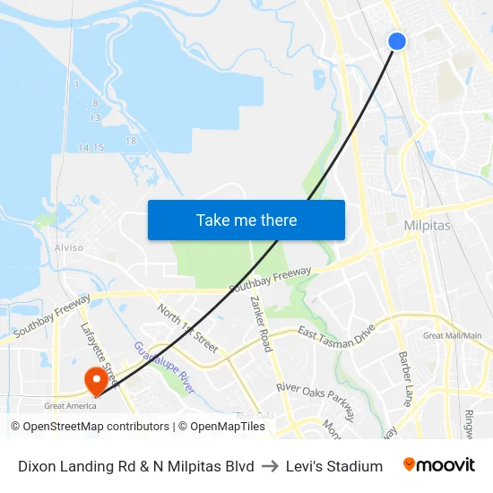 Dixon Landing Rd & N Milpitas Blvd to Levi's Stadium map